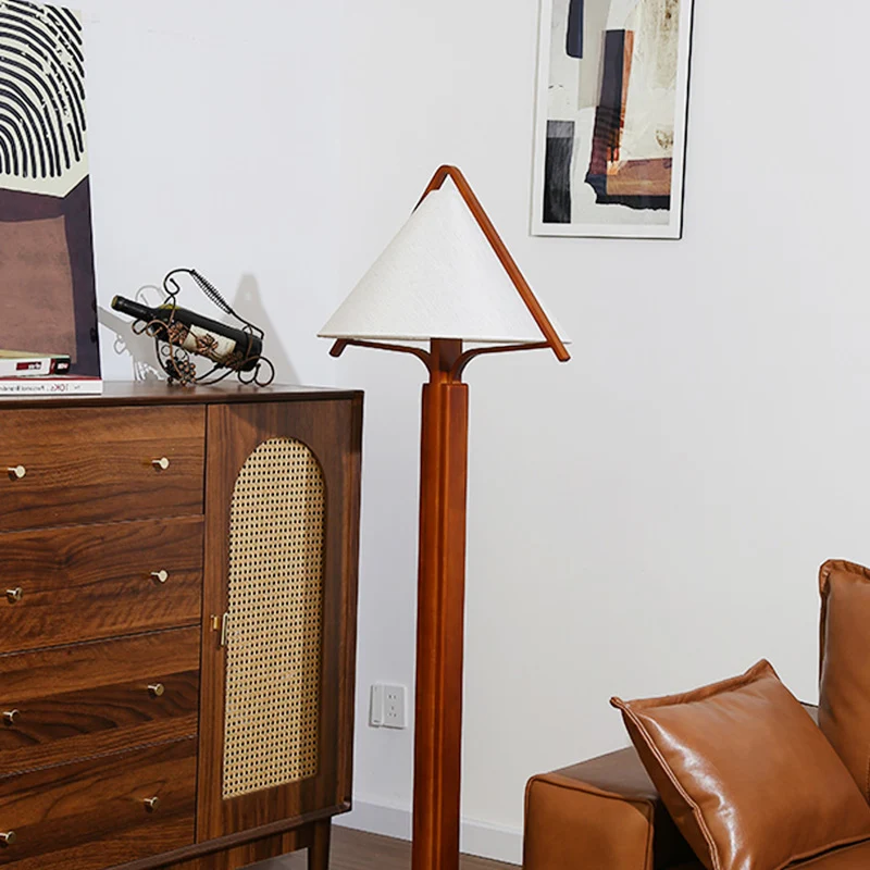 Traditional Vintage Round Cone Teak Cotton Fabric 1-Light Standing Floor Lamp For Living Room