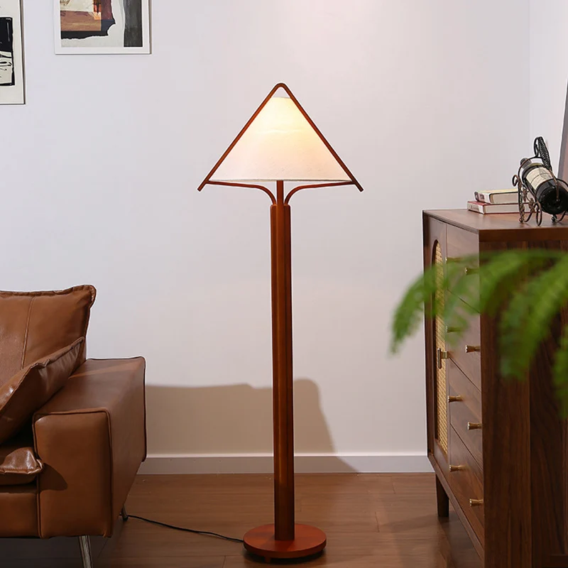 Traditional Vintage Round Cone Teak Cotton Fabric 1-Light Standing Floor Lamp For Living Room