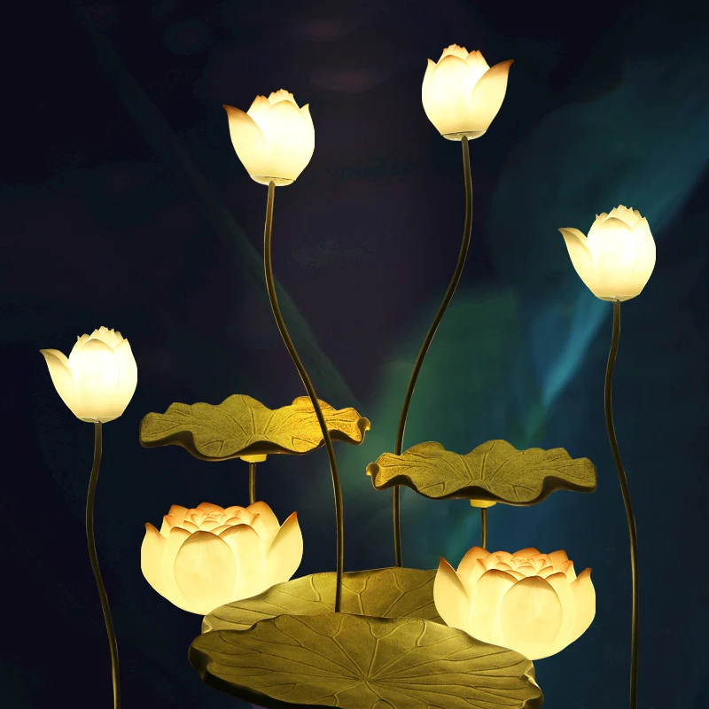 Traditional Chinese Small Lotus Round Resin Hardware 1-Light Standing Floor Lamp For Living Room