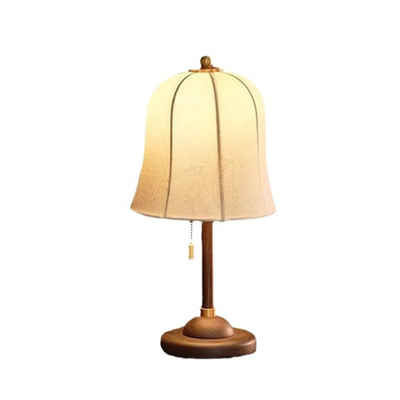Traditional Vintage Metal Wood Printed Flared Fabric Dome Frame 1-Light Table Lamp For Bedroom
