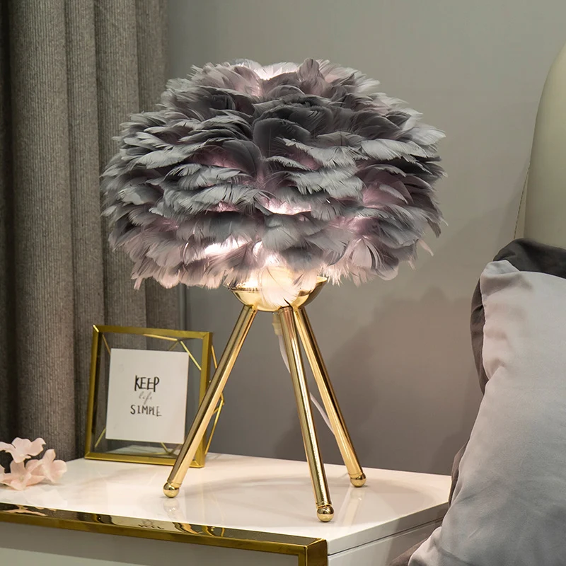 Contemporary Creative Feather Tripod Base Iron Frame 1-Light Table Lamp For Bedroom