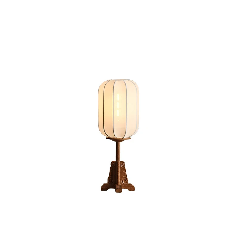 Traditional Japanese Fabric Cylinder Shade Wood Base 1-Light Table Lamp For Bedroom