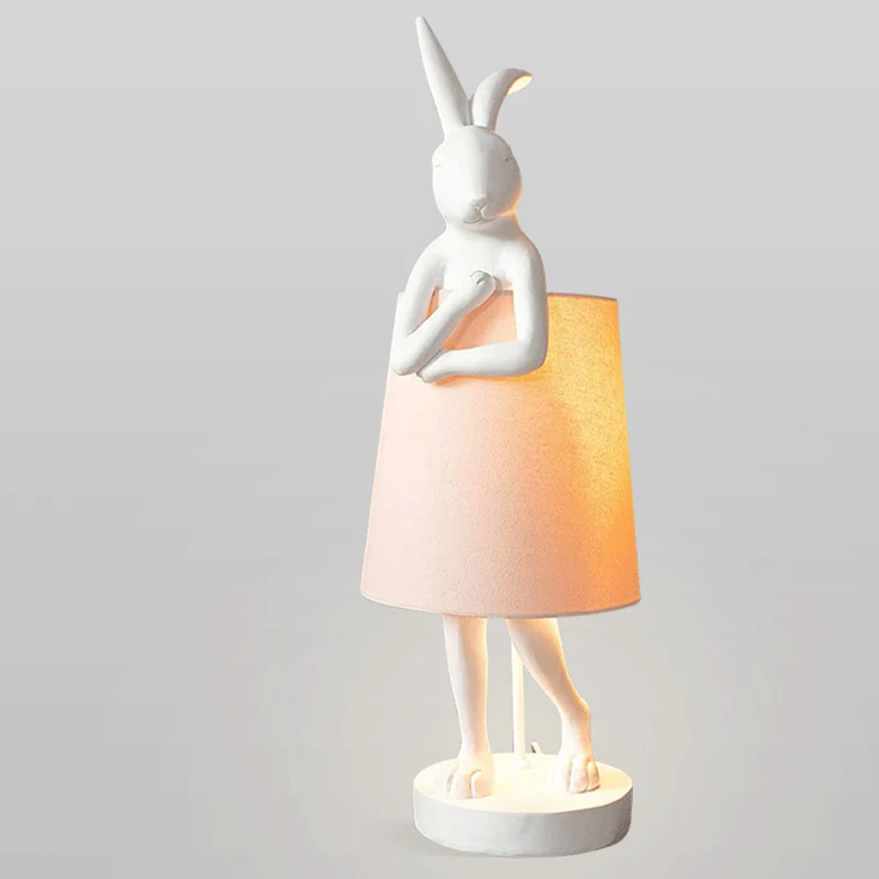 Contemporary Creative Rabbit Cylinder Apron Shape Resin Fabric Shade 1-Light Table Lamp For Living Room