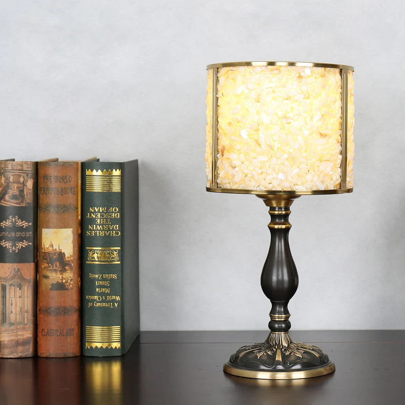 Contemporary Scandinavian Cylinder Striped Pellet Shard Disc Base Crystal Copper 1-Light Table Lamp For Bedroom