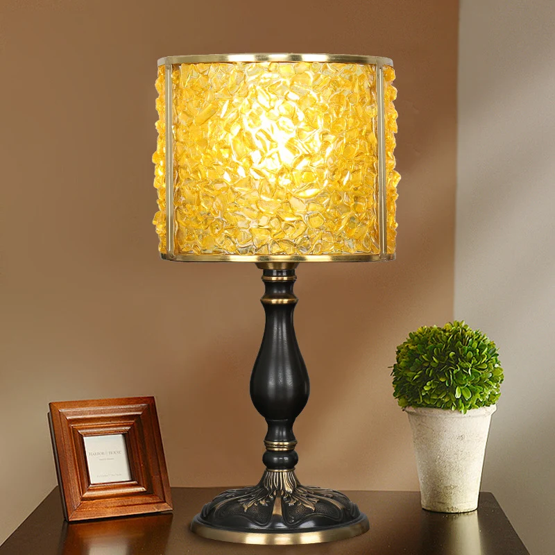 Contemporary Scandinavian Cylinder Striped Pellet Shard Disc Base Crystal Copper 1-Light Table Lamp For Bedroom