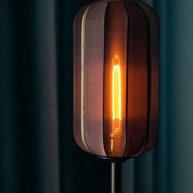 Traditional Chinese Silk Fabric Cylinder Shade Wood Base 1-Light Standing Floor Lamp For Bedroom
