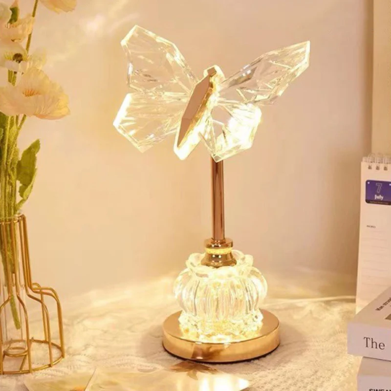 Modern Art Deco Pod Butterfly Hardware Glass Base Acrylic Shade LED Table Lamp For Bedroom