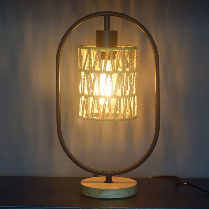 Traditional Vintage Hemp Rope Weaving Cage Wood Base 1-Light Table Lamp For Bedroom
