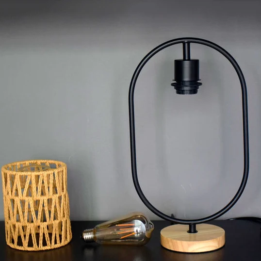 Traditional Vintage Hemp Rope Weaving Cage Wood Base 1-Light Table Lamp For Bedroom