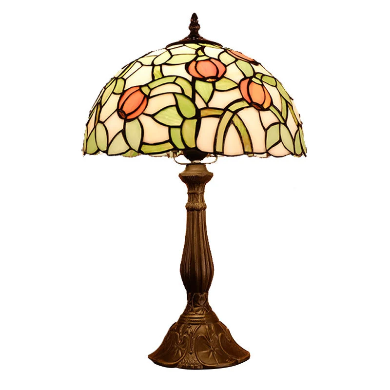Traditional Tiffany Half Round Oval Lotus Flower Stained Glass Alloy 1-Light Table Lamp For Bedroom