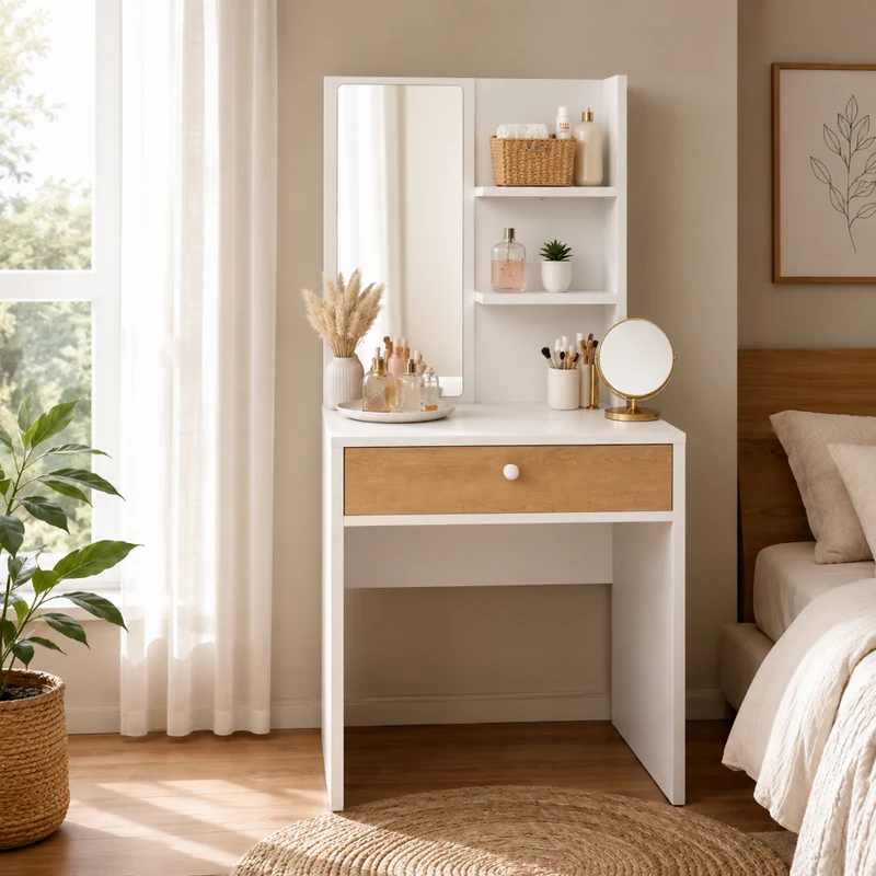 Tocador Touluse con Espejo Repisas 140x70x40cm Blanco-Madera