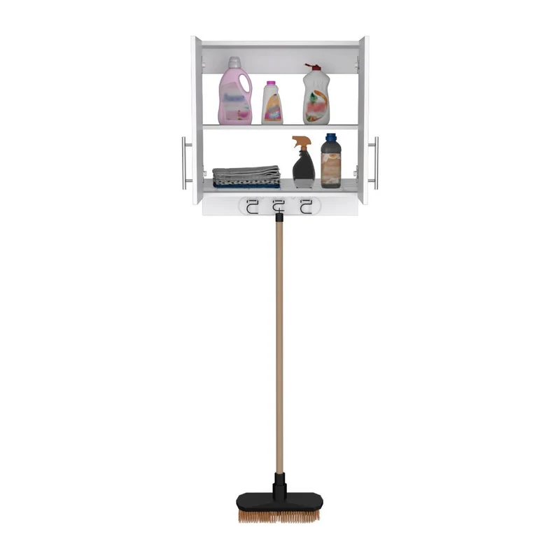Mueble Auxiliar de Aseo Sotavento, Blanco, Colgador de Escobas y Dos Entrepaños ZF