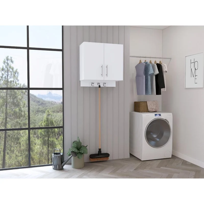Mueble Auxiliar de Aseo Sotavento, Blanco, Colgador de Escobas y Dos Entrepaños ZF