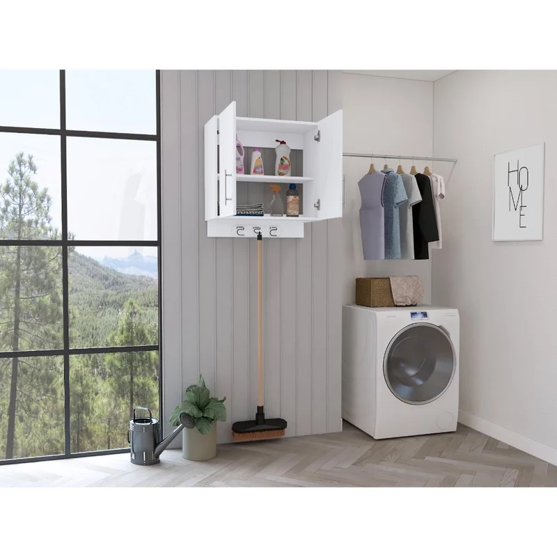 Mueble Auxiliar de Aseo Sotavento, Blanco, Colgador de Escobas y Dos Entrepaños ZF