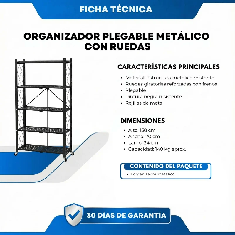 Organizador Plegable Metálico con Ruedas Estantería Multiusos de 4 Niveles para Hogar, Bodega y Garaje