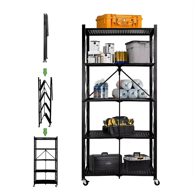 Organizador Plegable Metálico con Ruedas Estantería Multiusos de 4 Niveles para Hogar, Bodega y Garaje