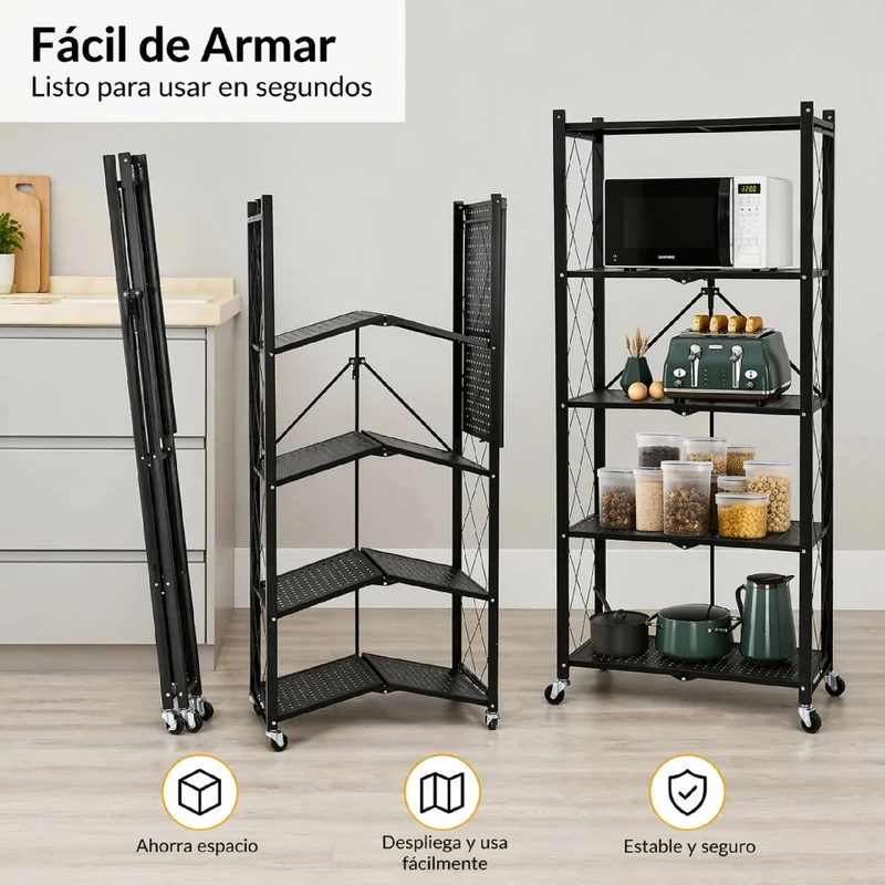 Organizador Plegable Metálico con Ruedas Estantería Multiusos de 4 Niveles para Hogar, Bodega y Garaje