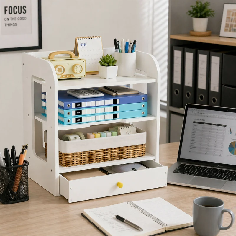 Organizador de Escritorio con Cajón y Estantes Mueble Multifuncional para Oficina y Hogar