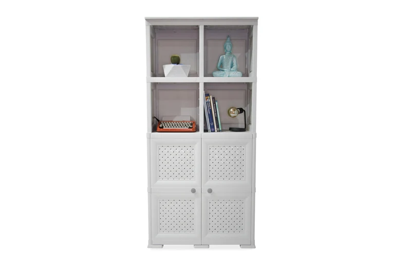 Mueble Organizador Elegance Rattan Monet, Blanco Perla, con Dos Puertas Batientes