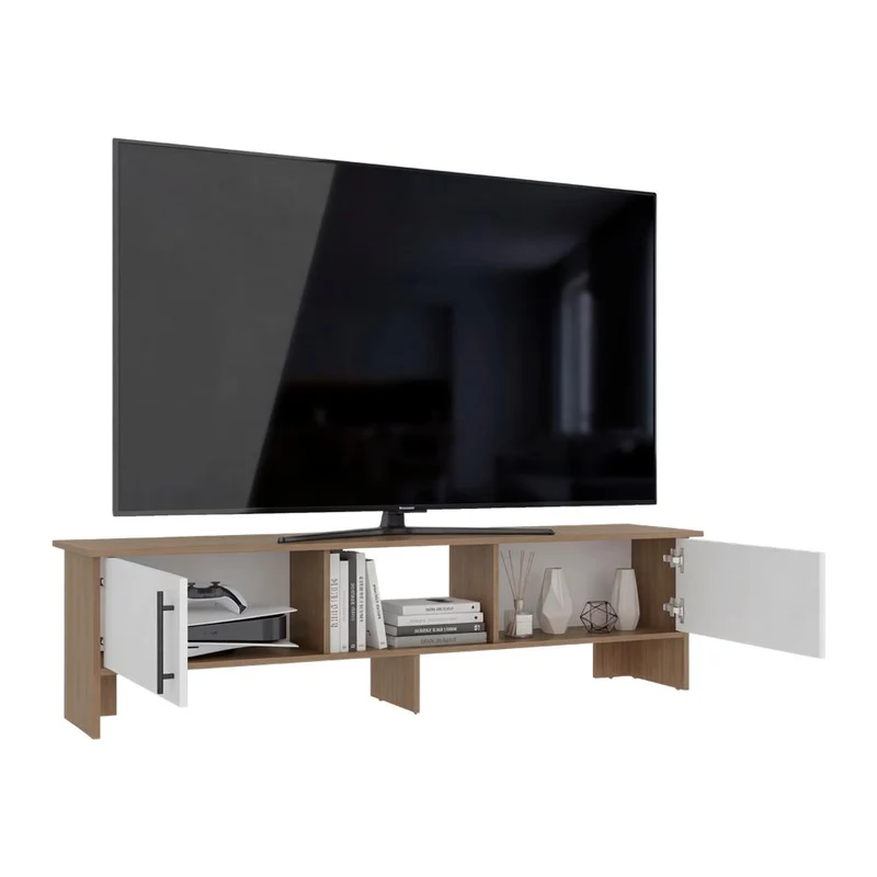 Mesa para TV Dago, Fresno Europeo y Blanco, para Televisor de hasta 65 Pulgadas con Dos Puertas ZF