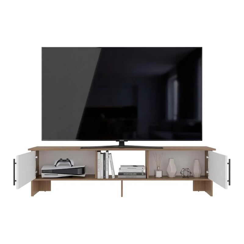 Mesa para TV Dago, Fresno Europeo y Blanco, para Televisor de hasta 65 Pulgadas con Dos Puertas ZF