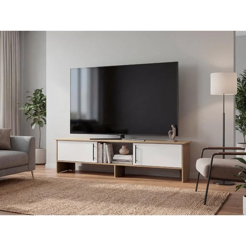 Mesa para TV Dago, Fresno Europeo y Blanco, para Televisor de hasta 65 Pulgadas con Dos Puertas ZF