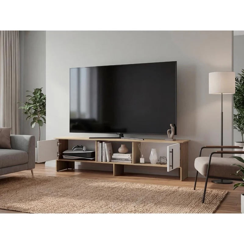 Mesa para TV Dago, Fresno Europeo y Blanco, para Televisor de hasta 65 Pulgadas con Dos Puertas ZF