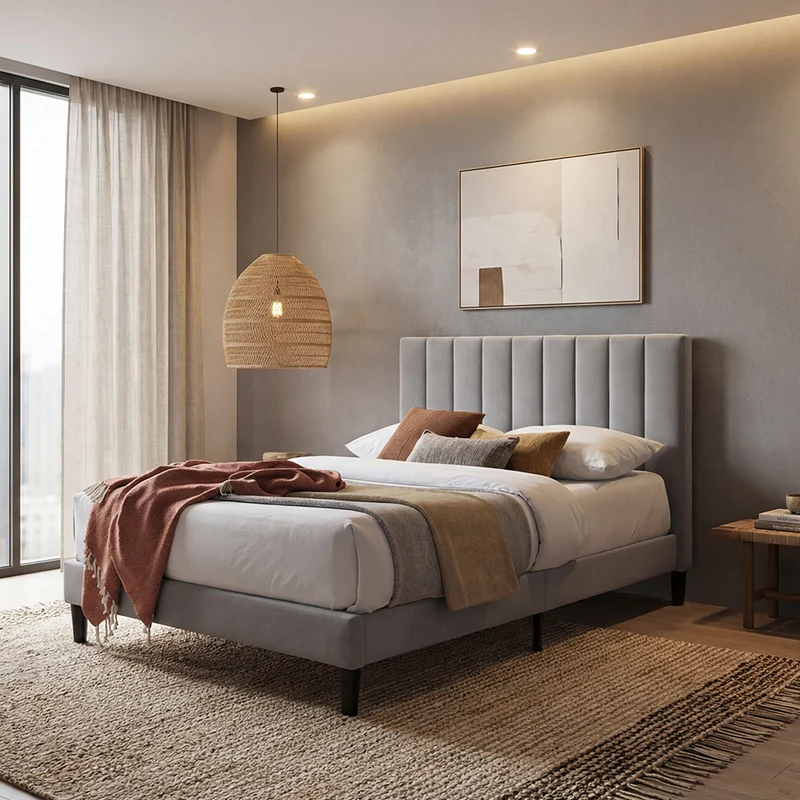 Cama Doble Lisa, Gris Claro, Madera Roble Tapizada