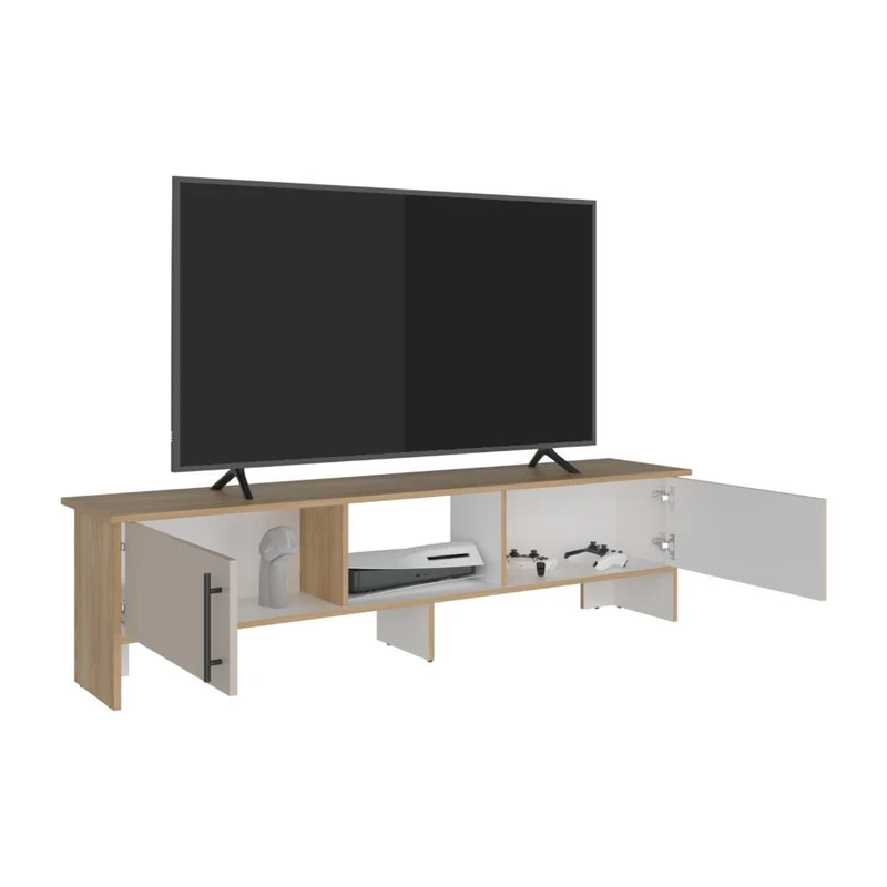 Mesa para TV Dago, Fresno Europeo y Blanco, para Televisor de hasta 65 Pulgadas con Dos Puertas
