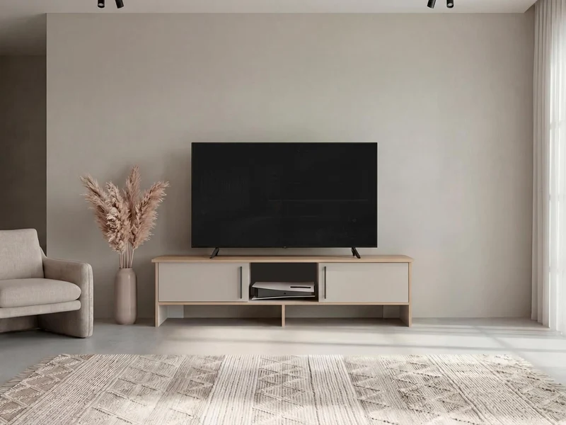 Mesa para TV Dago, Fresno Europeo y Blanco, para Televisor de hasta 65 Pulgadas con Dos Puertas