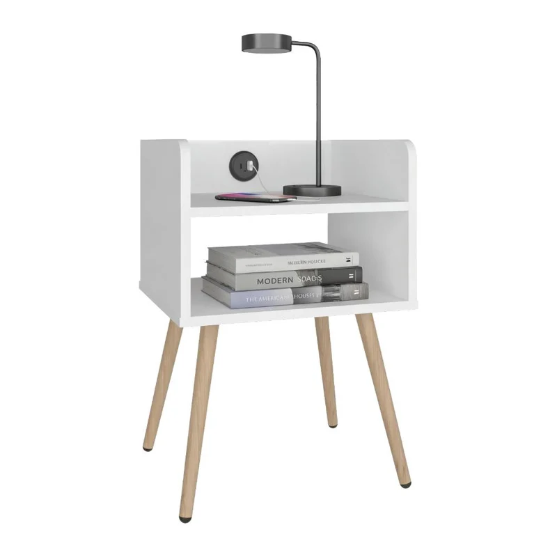 Mesa de Noche Didi USB, Kronos blanco, Con espacio para almacenar objetos pequeños ZF