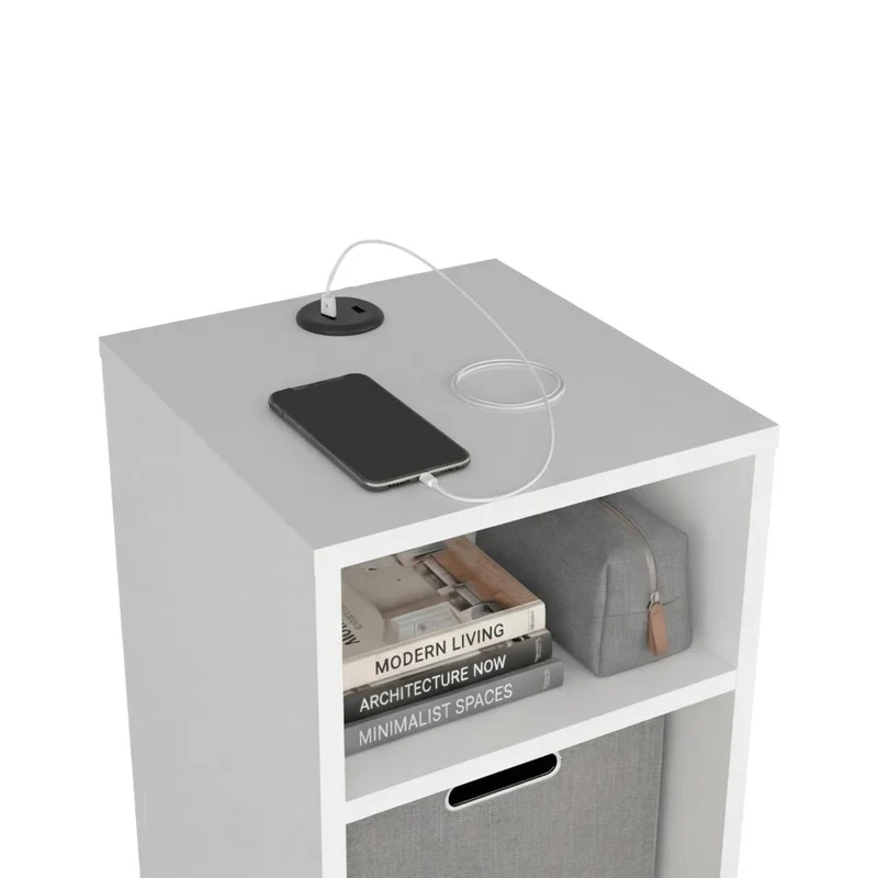 Mesa Auxiliar Mercer USB, Kronos Blanco, Con contenedor en tela y conector USB para tus dispositivos ZF