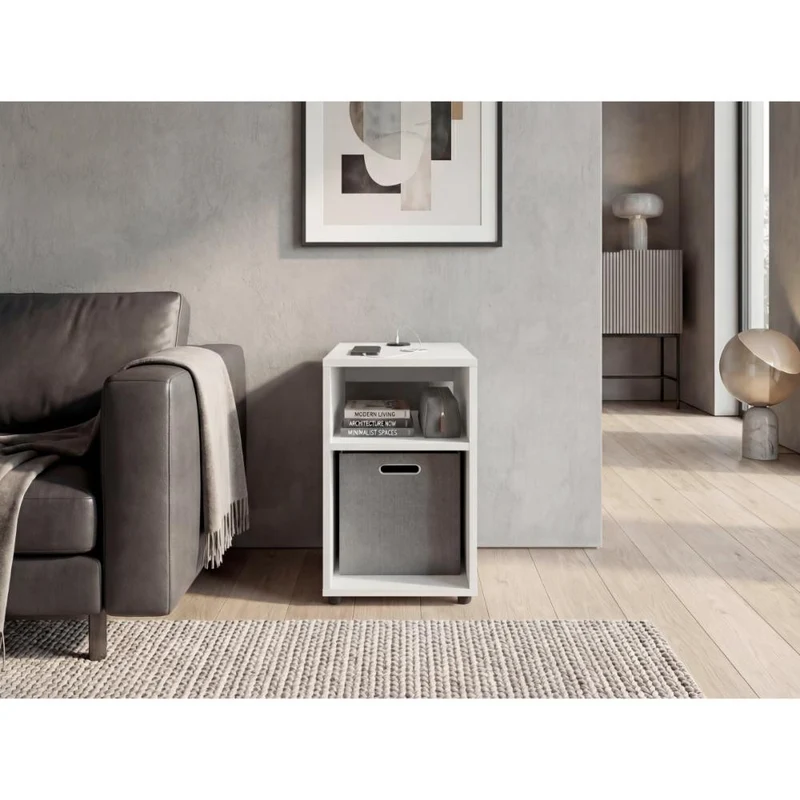 Mesa Auxiliar Mercer USB, Kronos Blanco, Con contenedor en tela y conector USB para tus dispositivos ZF