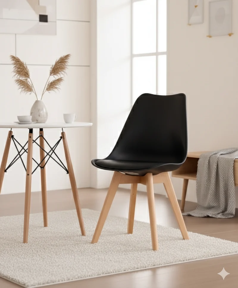 Silla Fyn, Negro, Diseño Minimalista con Espaldar, Cojín y Patas de Madera