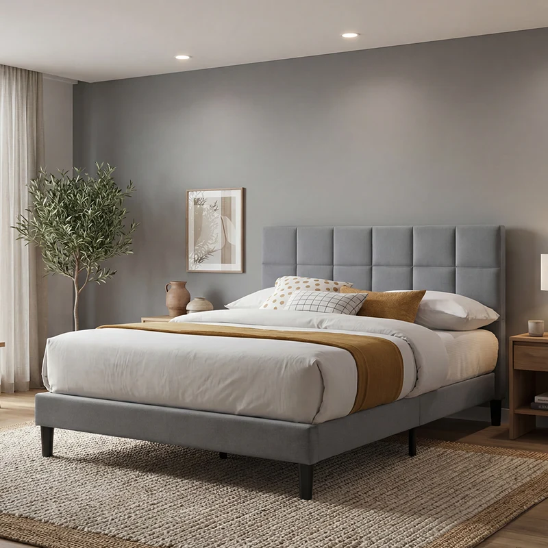 Cama Doble Vertex, Gris Oscuro, Madera Roble Tapizada
