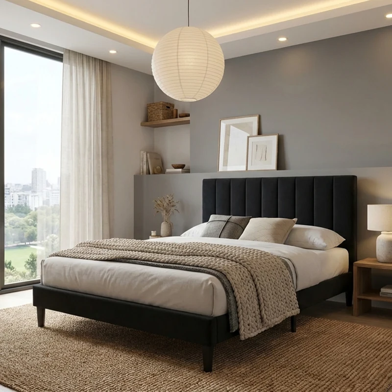 Cama Doble Lisa, Negro, Madera Roble Tapizada