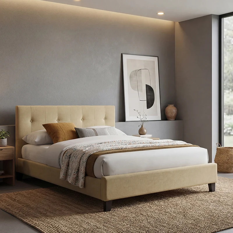 Cama Doble Imperial, Beige, Madera Roble Tapizada