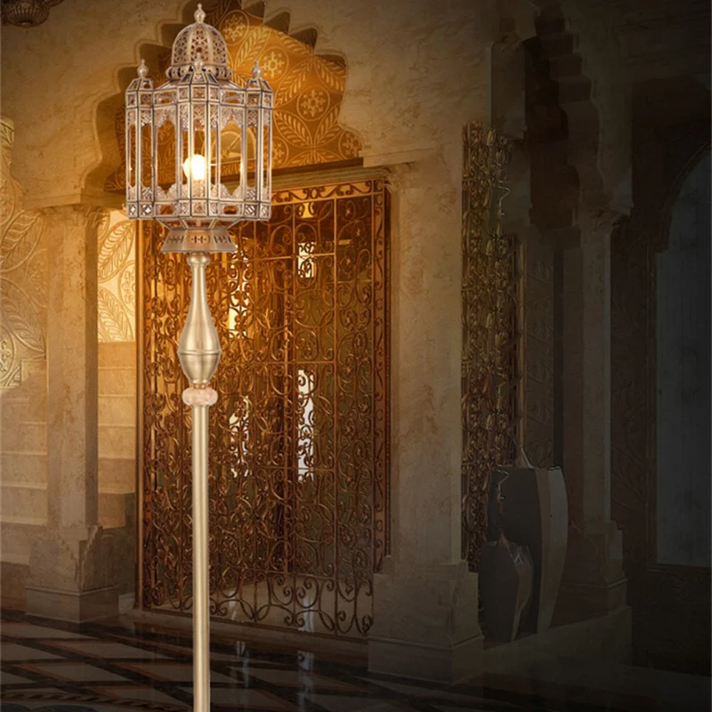 Traditional European Brass Glass Dome Cylinder Lantern Openwork Carving 1-Light Standing Floor Lamp For Living Room