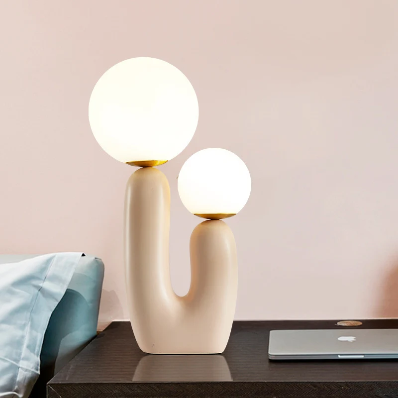 Contemporary Nordic Glass Ball Shade Resin U-Shaped Base 2-Light Table Lamp For Bedroom