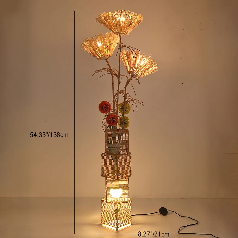 Traditional Japanese Plant Decoration Rattan Weaving Square Shade 1-Light Standing Floor Lamp For Living Room
