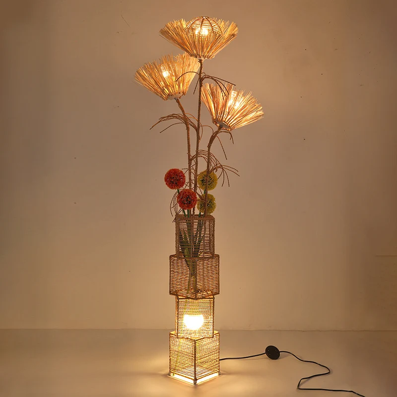 Traditional Japanese Plant Decoration Rattan Weaving Square Shade 1-Light Standing Floor Lamp For Living Room