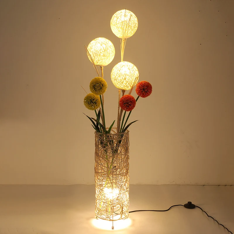 Traditional Japanese Plant Decoration Rattan Weaving Cylindrical Shade 1-Light Standing Floor Lamp For Living Room