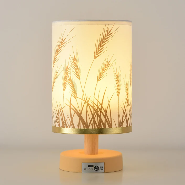 Contemporary Nordic Rechargeable PP Wood Fabric Cylinder Maize LED Table Lamp For Bedside