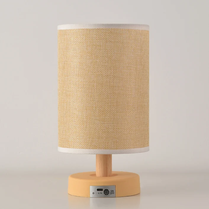 Contemporary Nordic Rechargeable PP Wood Fabric Cylinder Maize LED Table Lamp For Bedside