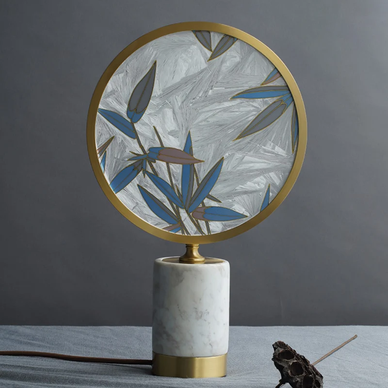Traditional Chinese Brass Marble Glass Glaze Round Handmade Painted Bamboo Leaves LED Table Lamp For Bedside