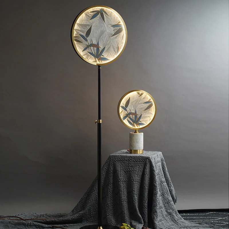 Traditional Chinese Brass Marble Glass Glaze Round Handmade Painted Bamboo Leaves LED Table Lamp For Bedside