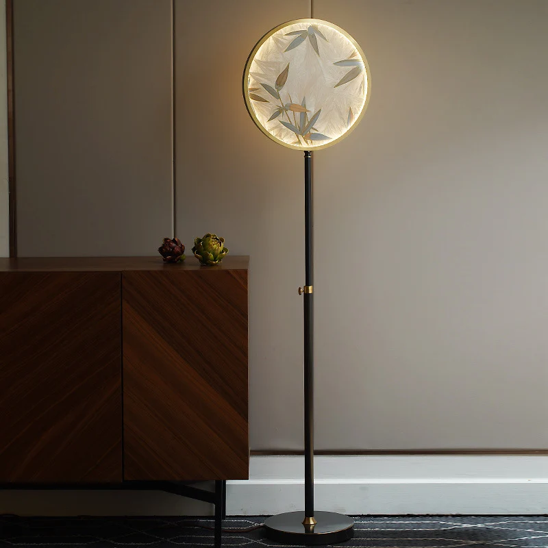 Traditional Chinese Brass Marble Glass Glaze Round Handmade Painted Bamboo Leaves LED Standing Floor Lamp Adjustable For Living Room