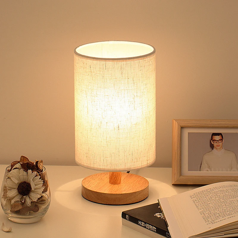 Traditional Vintage Fabric Cylinder Shade Wood Base USB LED Table Lamp For Bedroom