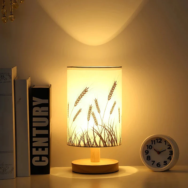 Traditional Vintage Fabric Cylinder Shade Wood Base USB LED Table Lamp For Bedroom
