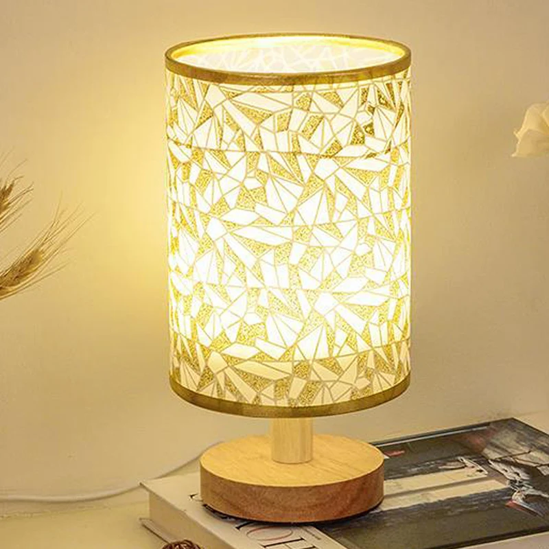 Traditional Vintage Fabric Cylinder Shade Wood Base USB LED Table Lamp For Bedroom